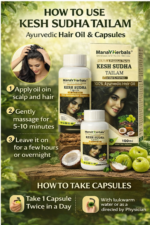 Kesh Sudha Tailam Kit, incuding 100ml Pure Ayrvedic Hair Oil With 30 Ayurvedic Capsules For Strong & Healthy Hair For Men & Women